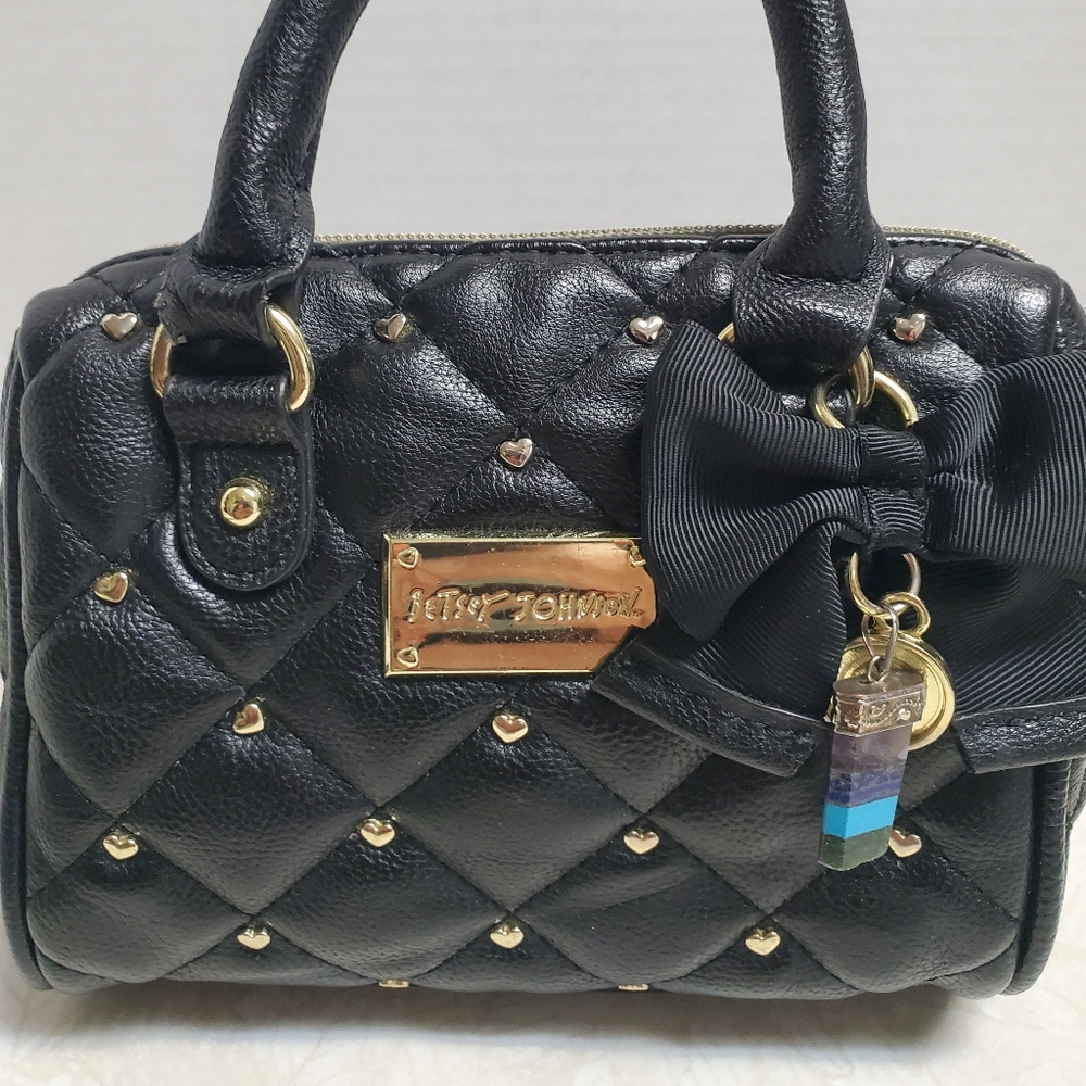 Betsey Johnson Mini Satchel Purse Be-Mine Heart Stud Crossbody Bag Quilted Black